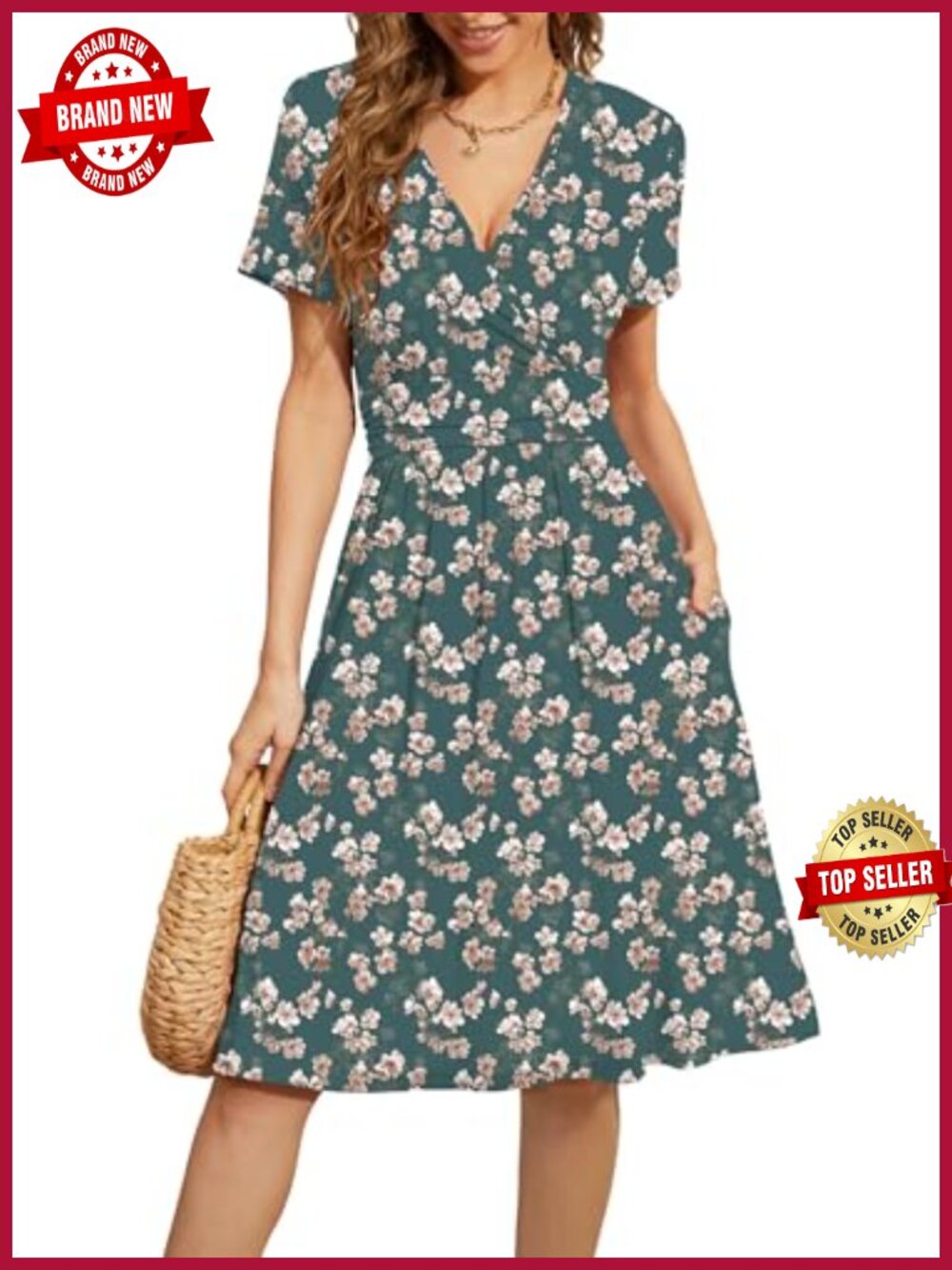 Casual Floral V-Neck Short Sleeve Dress with Pockets